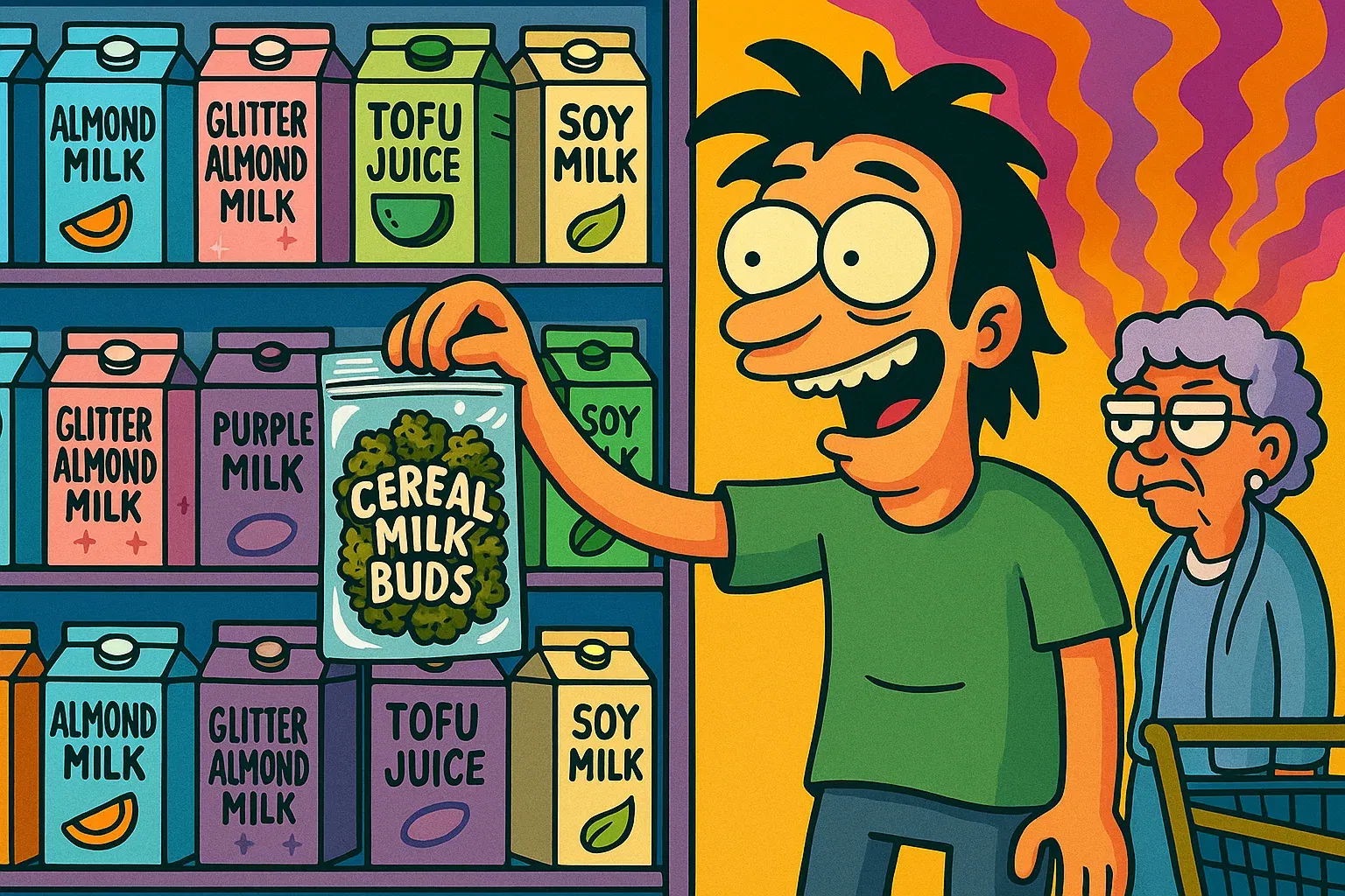 Comic: Held steht verwirrt im Supermarkt vor dem Milchregal und hält eine Tüte Cereal Milk Buds statt einer Milchpackung.