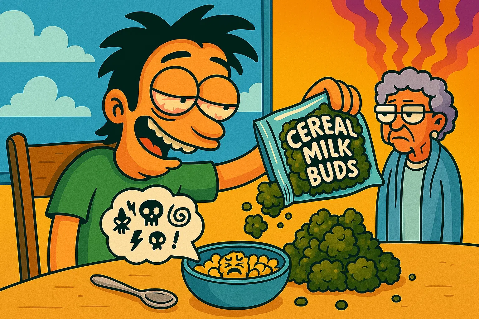 Comic: Held kippt Cereal Milk Buds in seine Cornflakes, ein einzelner Cornflake schreit ihn wütend an.
