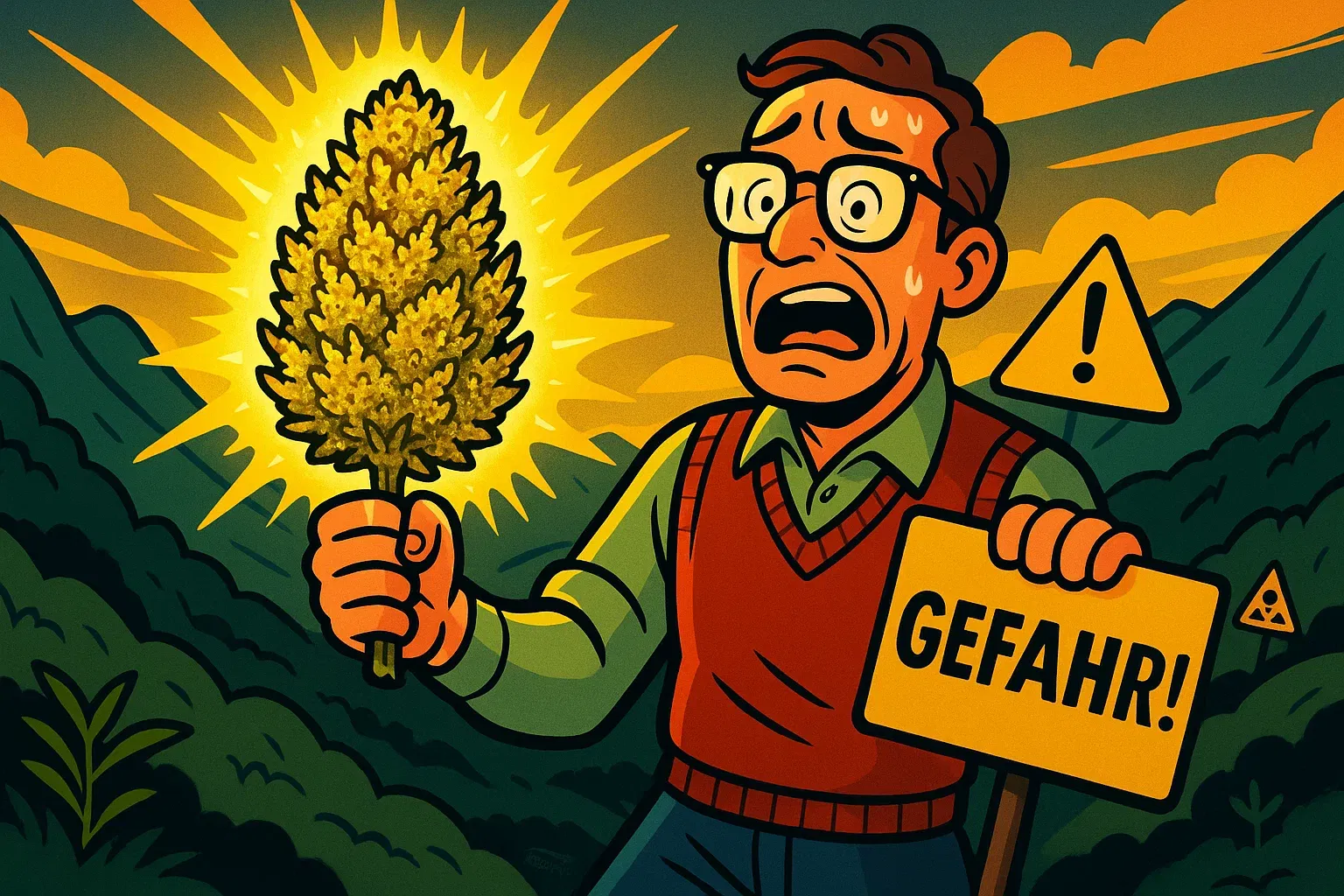 Ein Bibliothekar in den kolumbianischen Bergen, der eine leuchtend goldene Cannabis-Pflanze entdeckt.