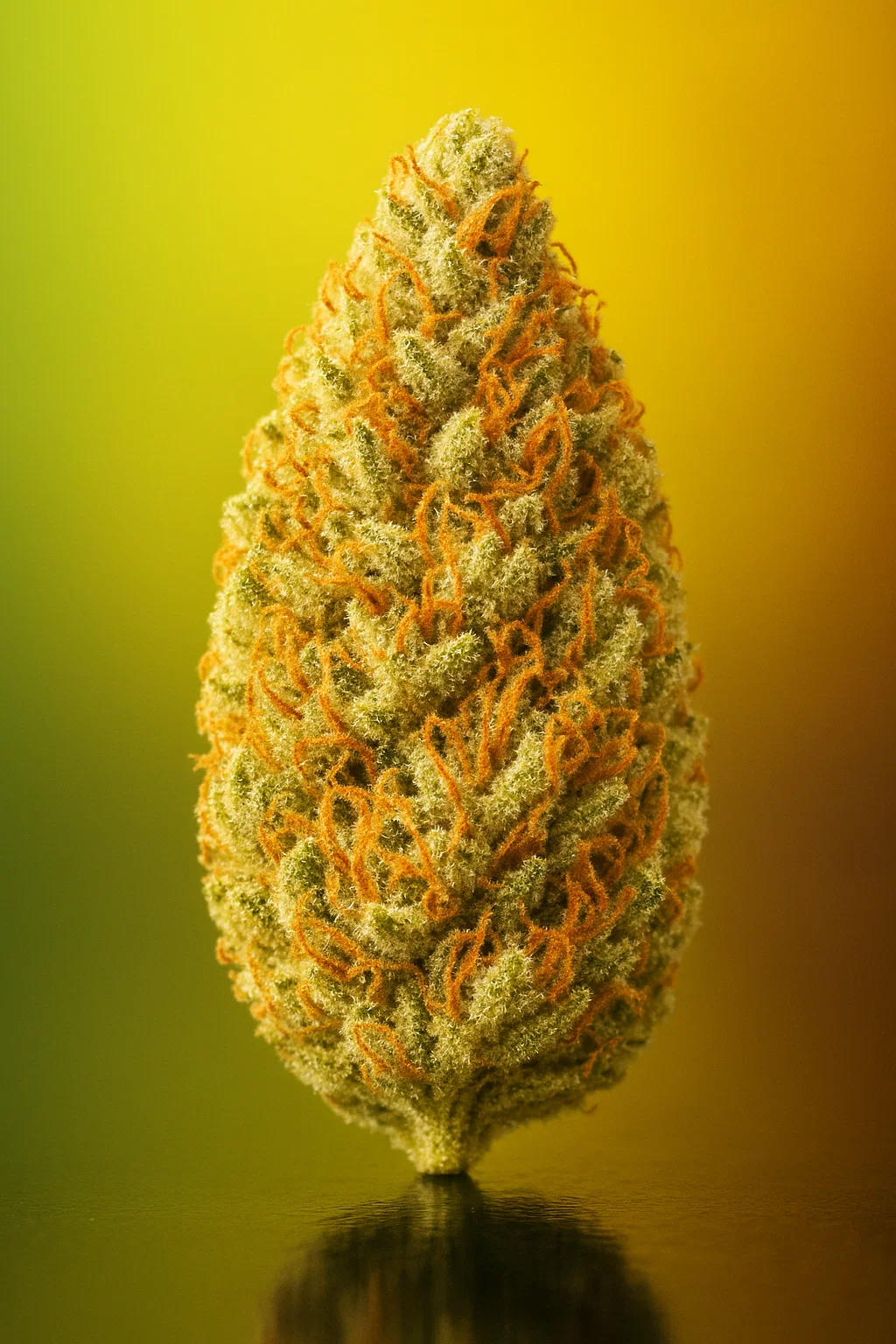 Leuchtend grüne, flauschige Blüte von Colombian Gold, bedeckt mit goldenen Trichomen und feinen orangen Haaren