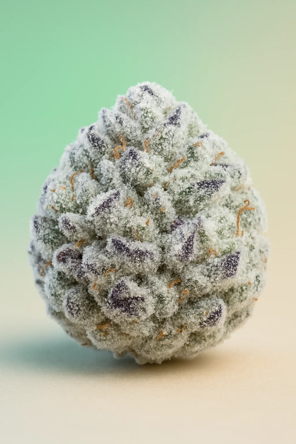 Dichte, konische Blüte von Cream D'Mint mit dunklen Blättern und einer frostigen Schicht blau getönter Trichome