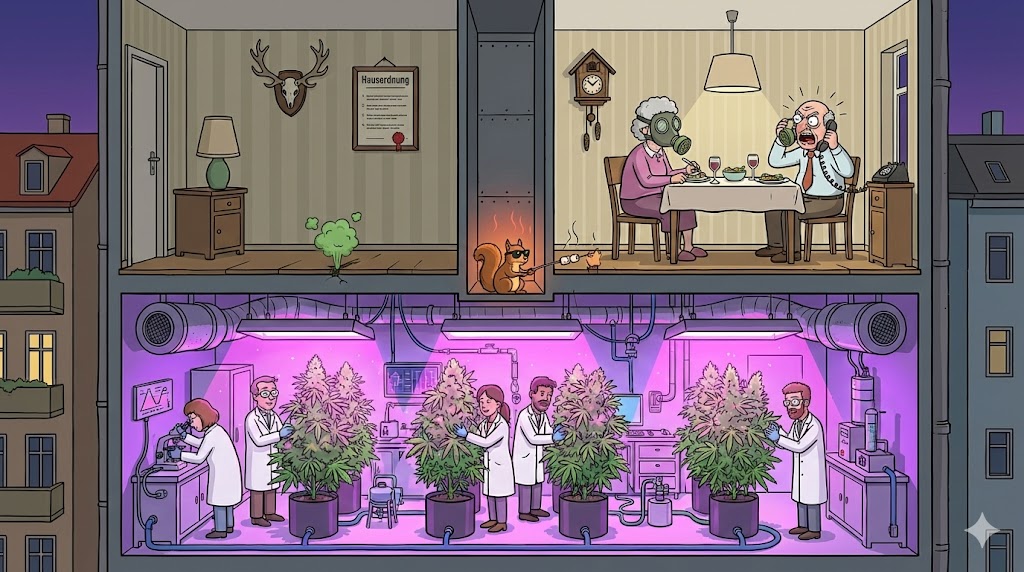 Illustration: Querschnitt eines Cannabis-Clubs. Innen blühende Pflanzen, außen ein wütender Vermieter mit Nasenklammer und Kündigungsschreiben.