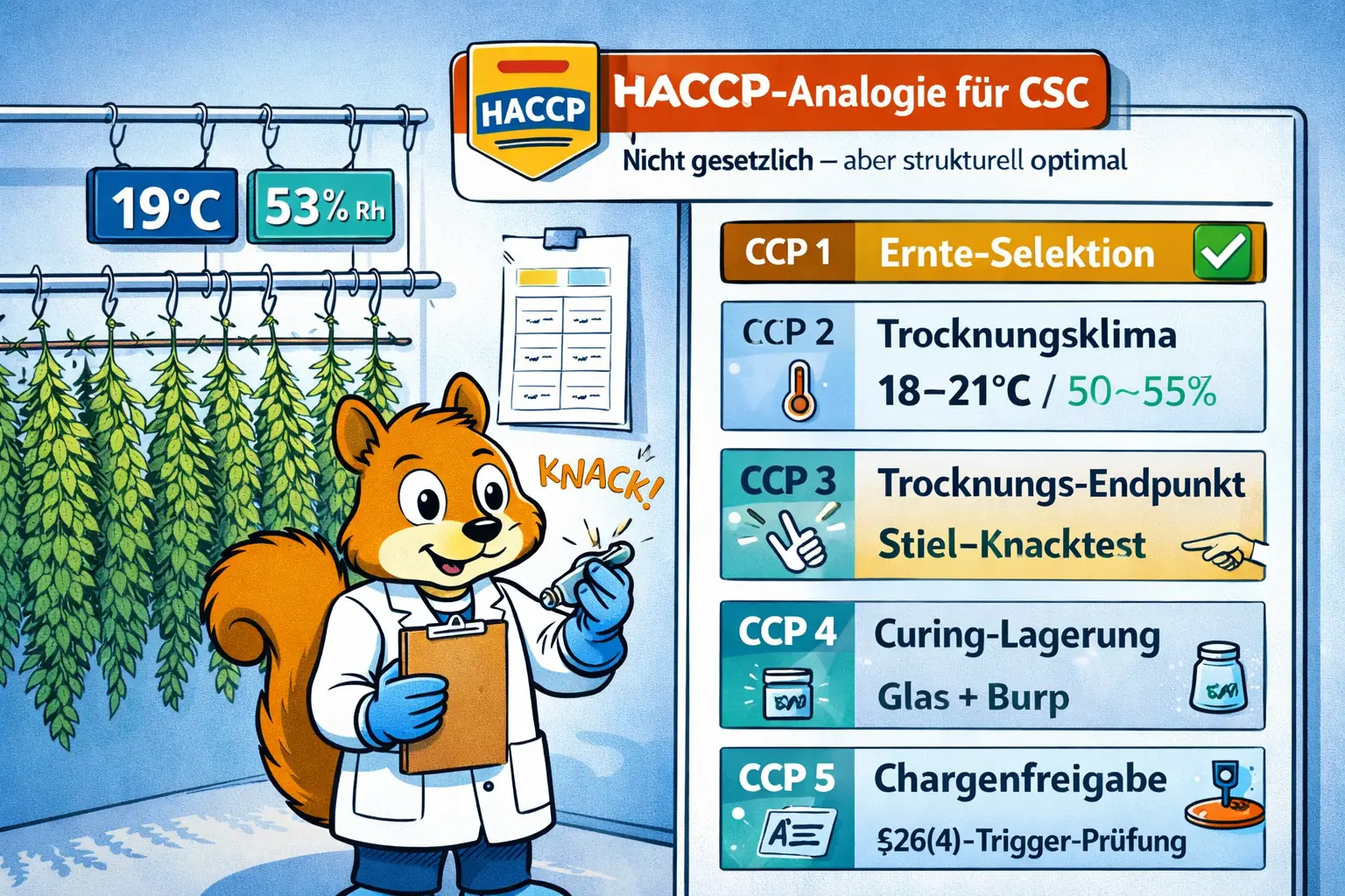 Cannabis-Trocknungsraum SOP: 18-21°C, 50-55% RH, kritische Kontrollpunkte, Botrytis-Prävention, Abweichungsprotokoll