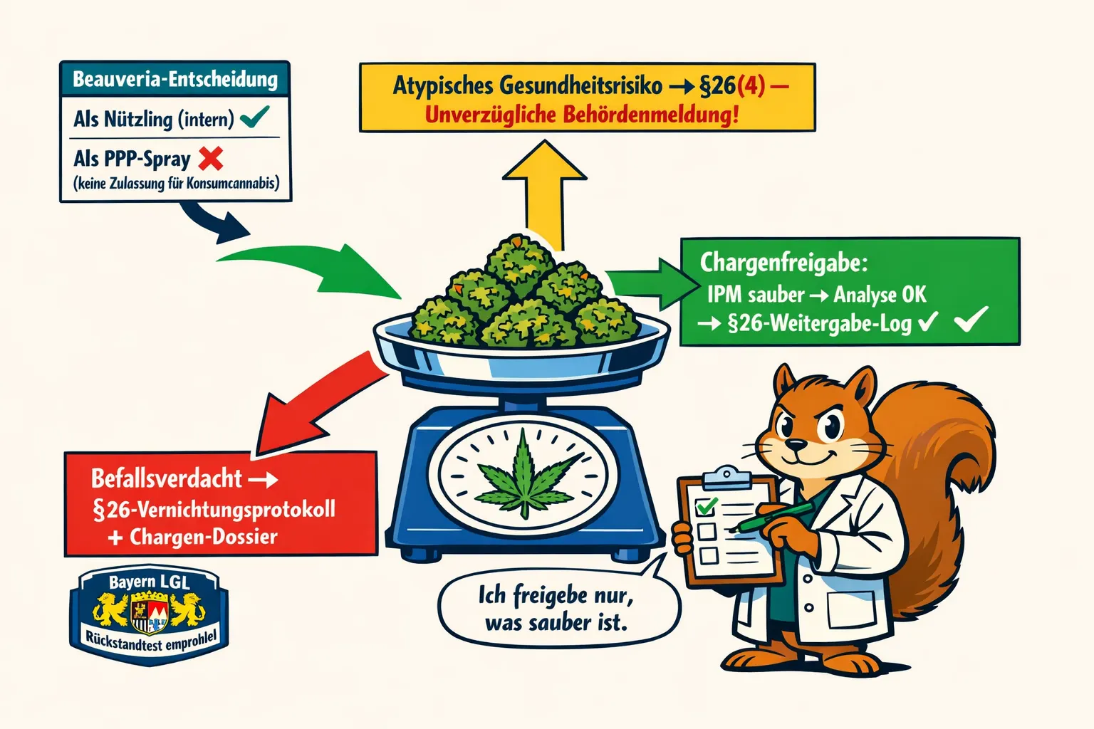IPM-Dokumentation unter §26 KCanG: Chargenfreigabe, Beauveria-Entscheidungsbaum, Bayern LGL Rückstandstests