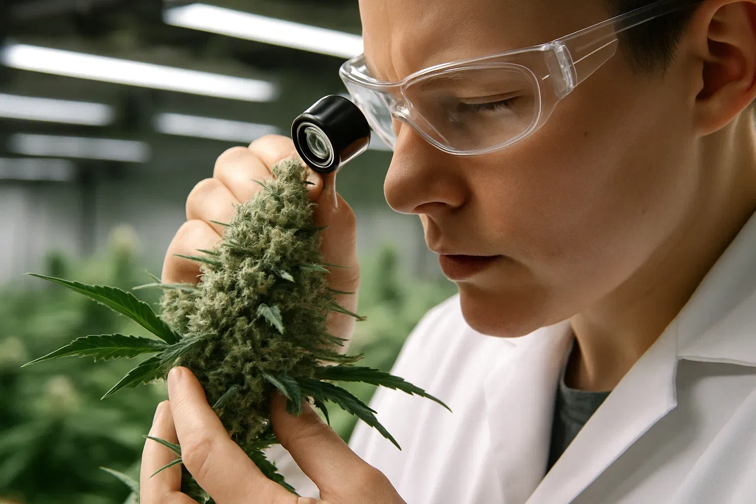 Person im Laborkittel untersucht eine Cannabis-Pflanze mit einer Lupe