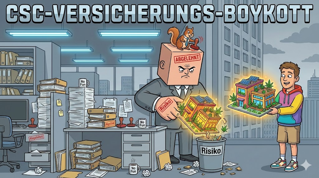 Bild: Ein Mann von der Versicherung lacht über einen Cannabis-Club.