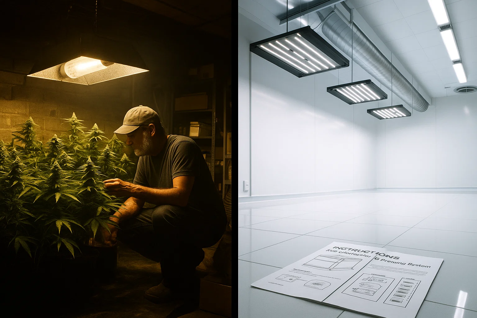 Visueller Kontrast zwischen illegalem Experten-Anbau und legalem, aber leeren High-Tech-Raum