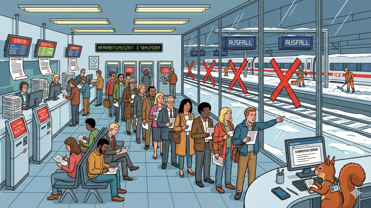 Illustration: Verzweifelte Fahrgäste vor einem Monitor mit 'ABGELEHNT', DB-Servicecenter im Hintergrund