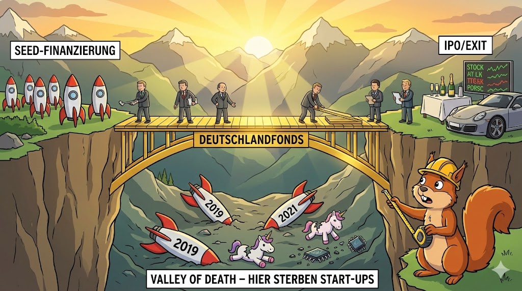 Karikatur: Eine dramatische Bergschlucht mit dem Schild VALLEY OF DEATH. Eine goldene Brücke namens DEUTSCHLANDFONDS wird zwischen den Klippen gebaut. Ein Eichhörnchen mit Ingenieur-Helm prüft mit Maßband die Statik.