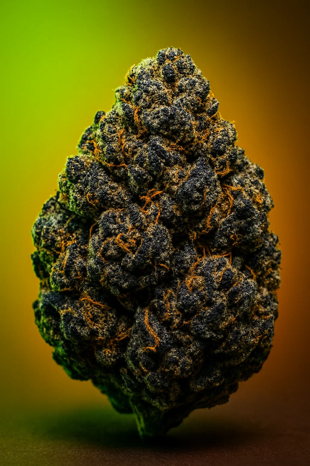 Nahaufnahme einer dichten, harzigen Donny Burger Blüte mit tiefgrünen und violetten Tönen