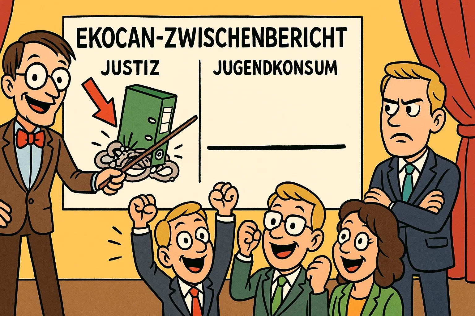 Karikatur von Ex-Gesundheitsminister Lauterbach, der die positiven Ergebnisse des EKOCAN-Berichts präsentiert.