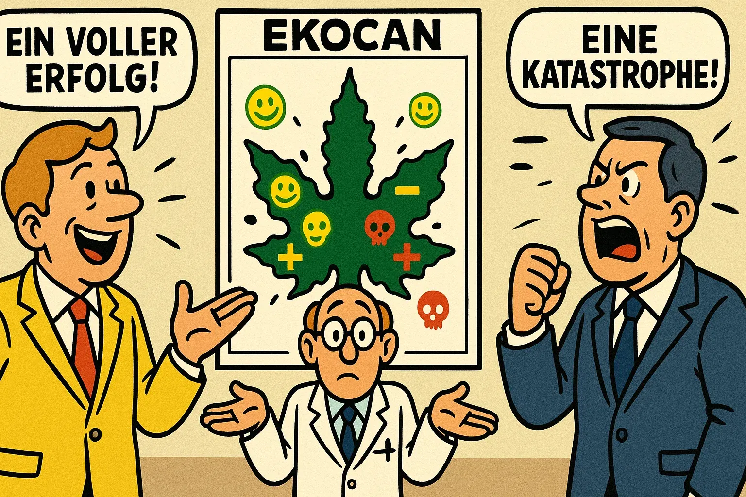 Karikatur, die den politischen Streit um die Interpretation der EKOCAN-Daten als Rorschachtest darstellt.