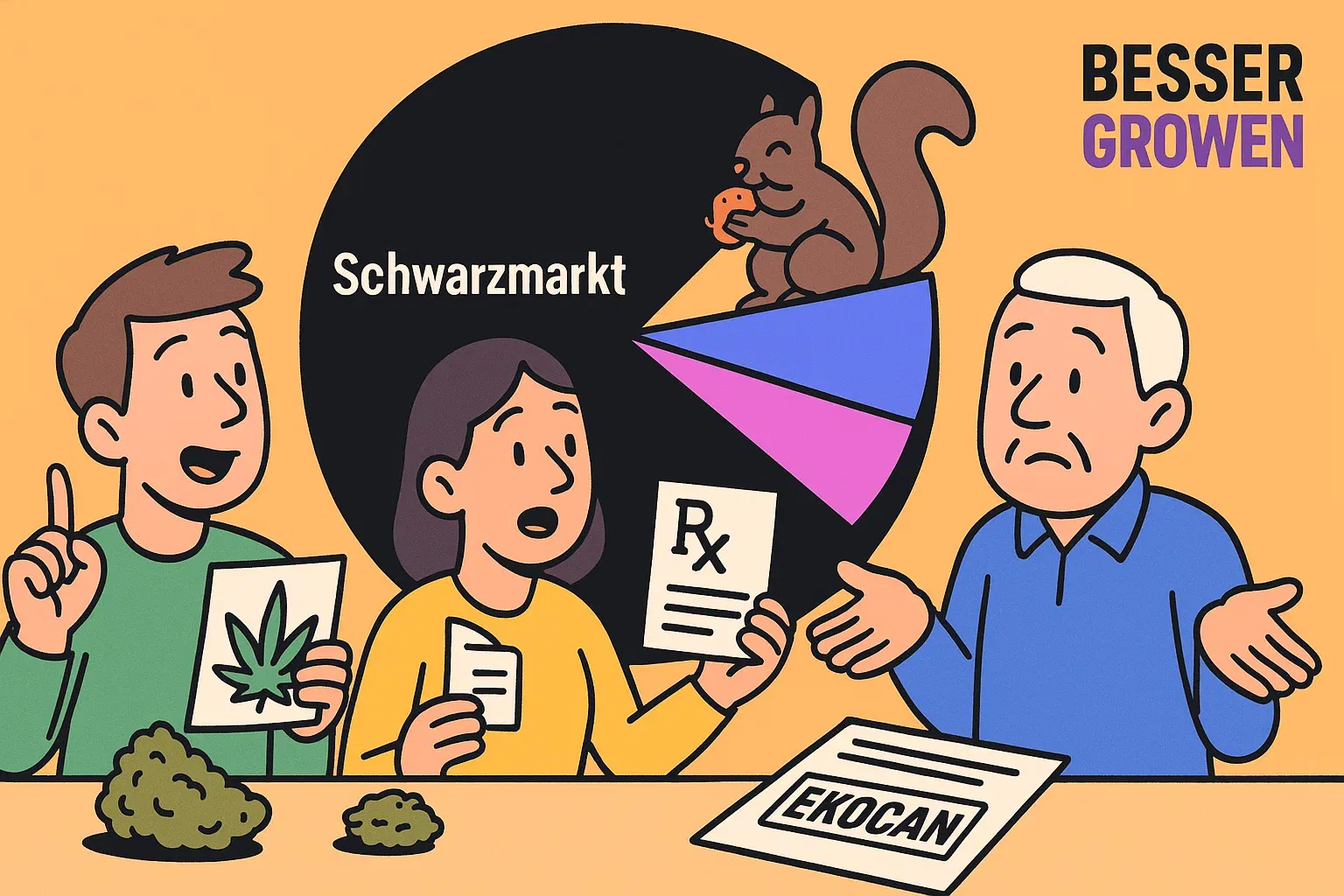 Eine Grafik im Bericht zeigt die Marktanteile: Ein großer Schwarzmakt‑Sektor und drei kleine legale Sektoren (Anbau, Medizin, Clubs).