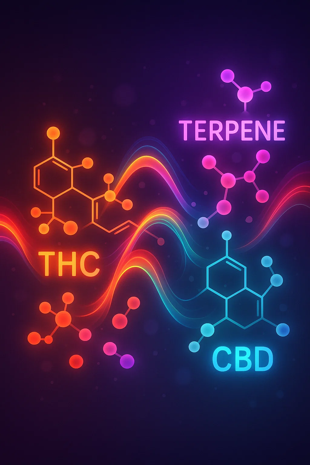 Entourage-Effekt: Cannabis Moleküle und Terpene in einer leuchtenden Symphonie, wissenschaftlich und modern illustriert.