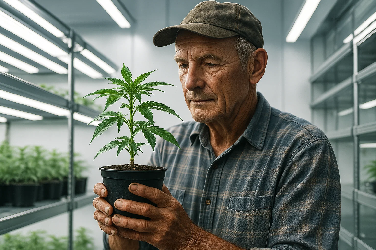 Ein erfahrener, älterer Gärtner untersucht eine junge Cannabis-Pflanze in einer hochmodernen Anbauanlage