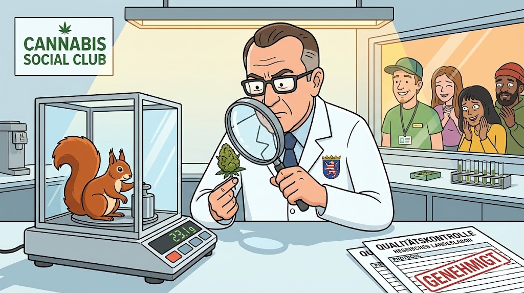 Satirische Illustration: Ein Eichhörnchen mit Lupe prüft penibel die Qualität der Cannabis-Blüten auf einer Feinwaage.