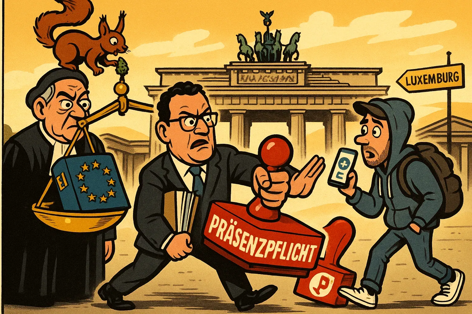 Symbolbild: Ein deutsches Verbotsschild für Telemedizin wird von der Waage der EU-Justiz auf seine Verhältnismäßigkeit geprüft.
