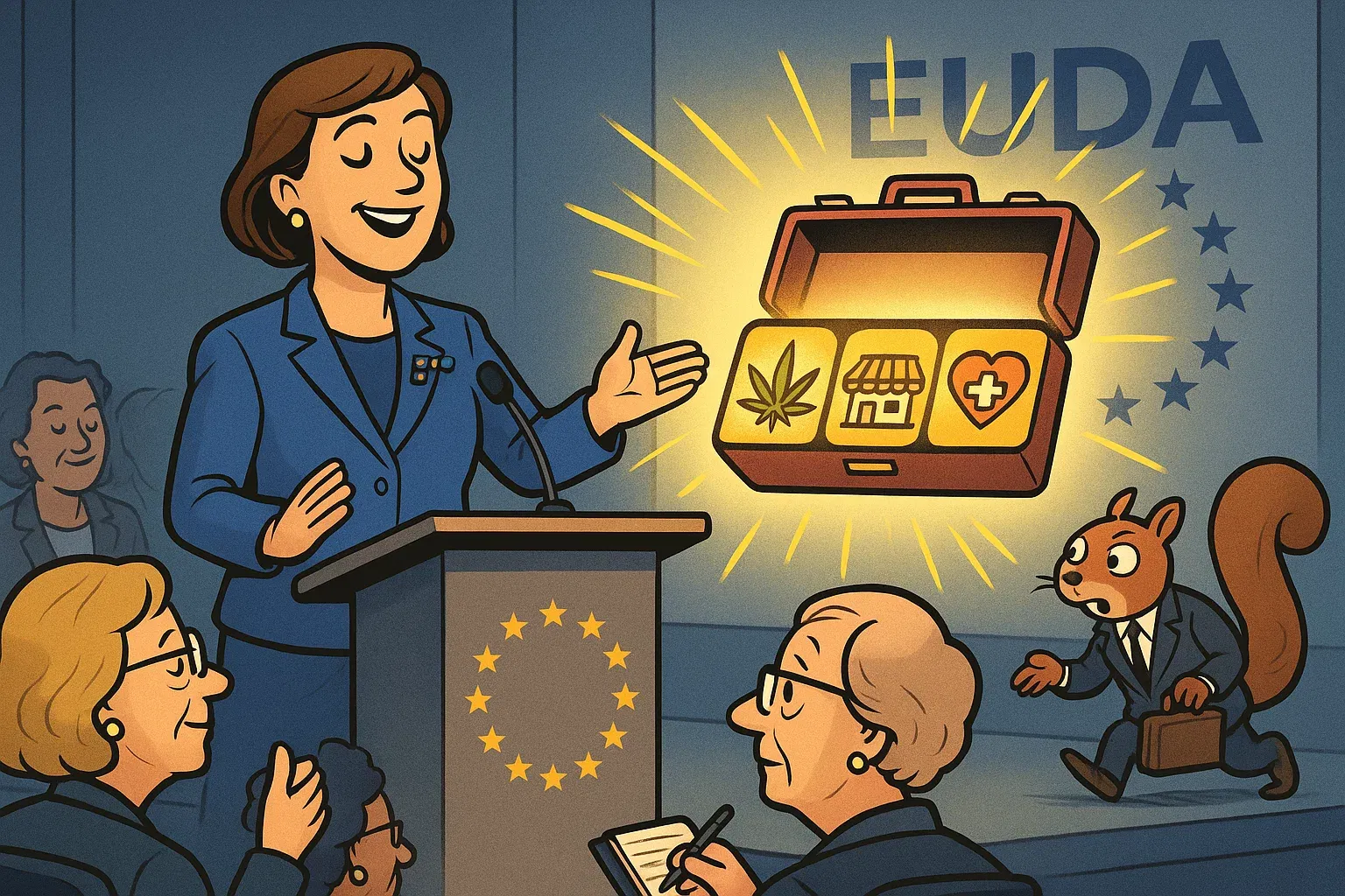 Symbolbild: Ein EU-Vertreter präsentiert einen Werkzeugkasten (Toolkit) für die Cannabis-Regulierung vor deutschem Publikum.