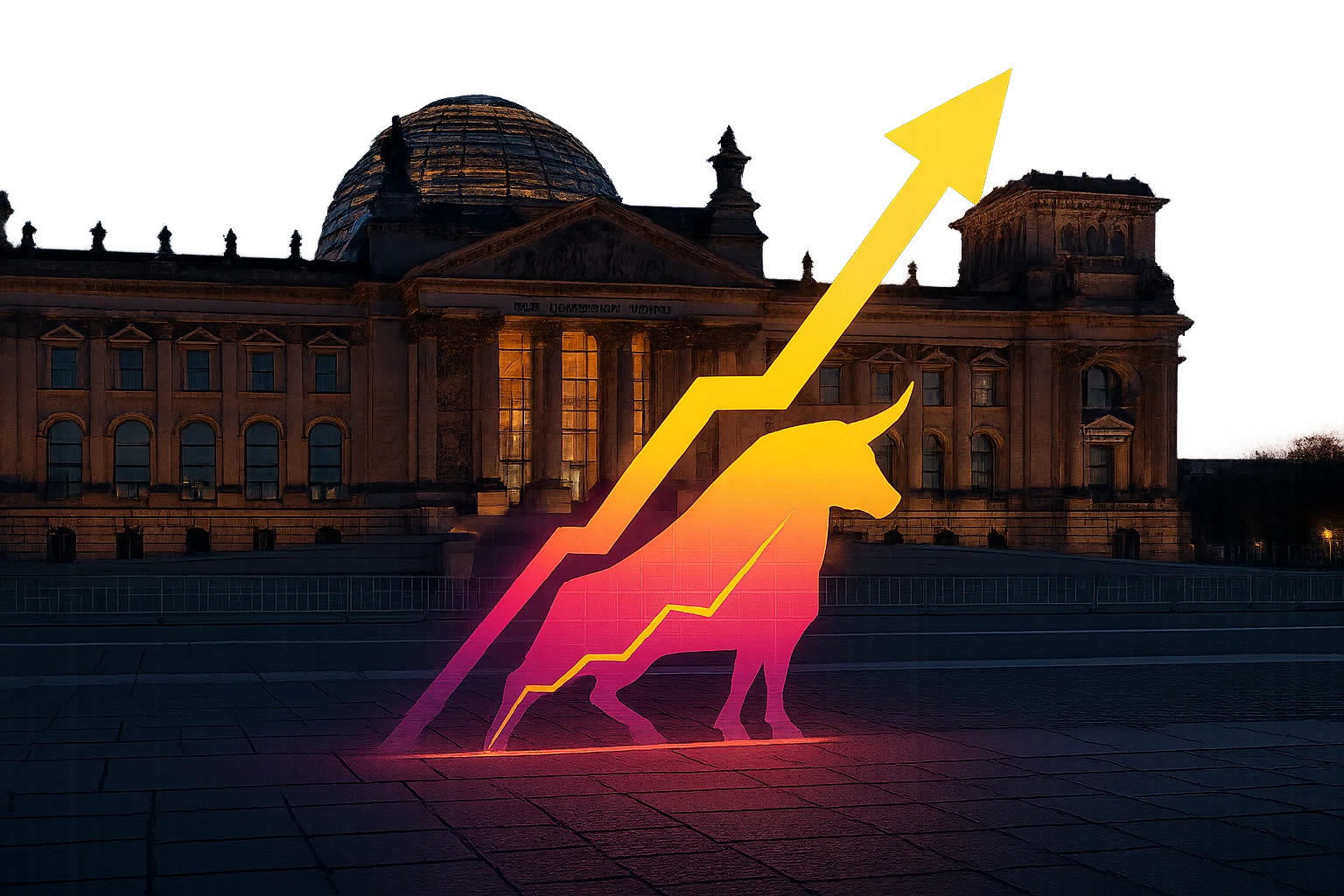 High-end Konzeptkunst: Frankfurter Skyline bei Dämmerung, junger Anleger vor Tablet mit Aktienkursen, Rentendiagramm im Hintergrund.