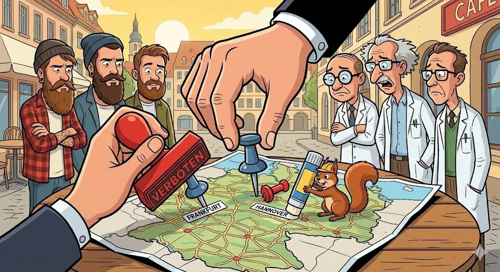Karikatur: Frankfurt und Hannover werden von der Landkarte gestrichen, das Eichhörnchen versucht zu kleben.