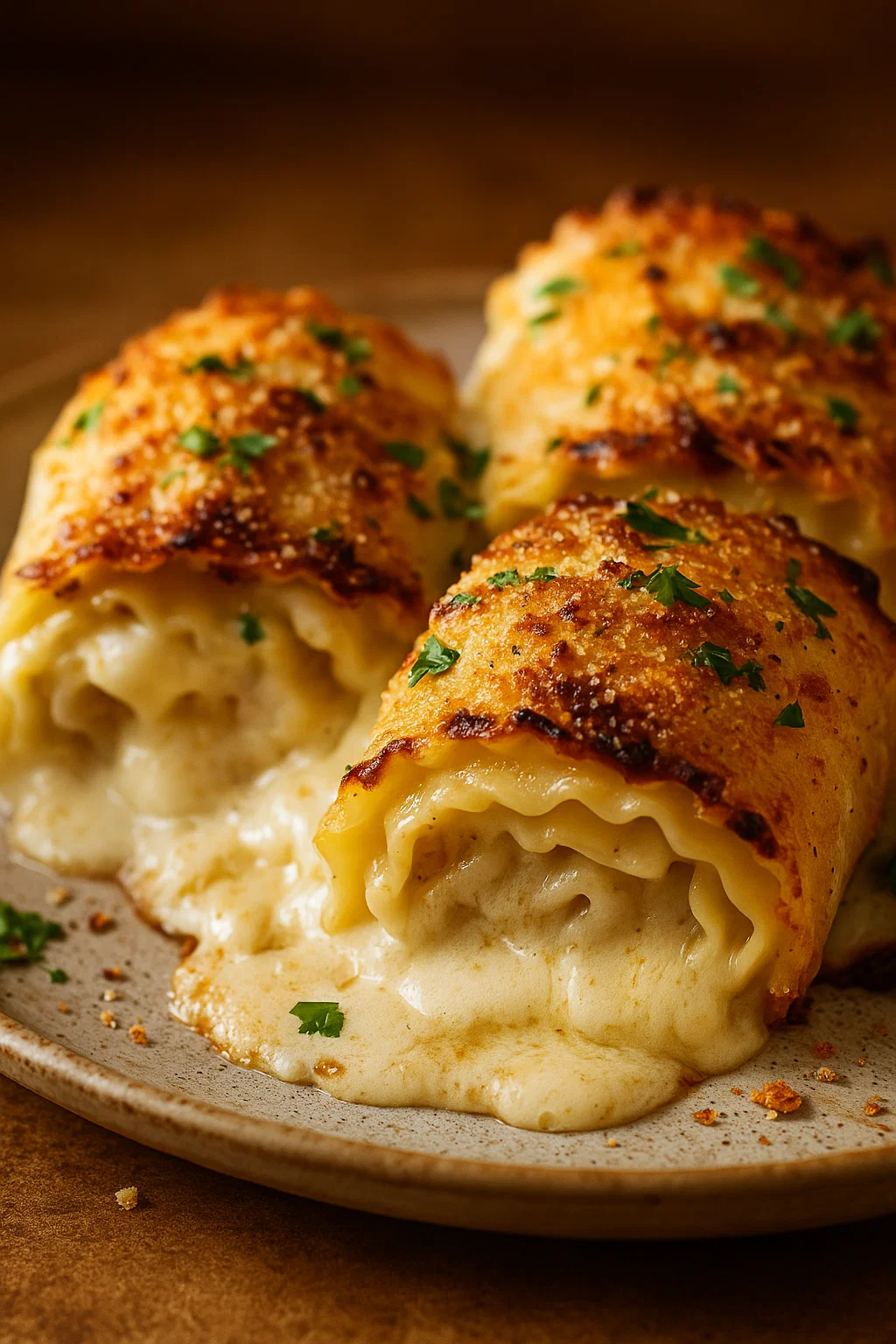 Garlic Bread Alfredo Lasagne Rolls - goldbraun mit Knoblauch-Topping