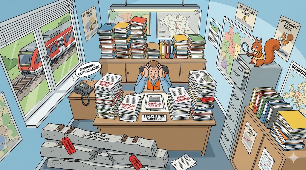 Karikatur: Überforderter Bahn-Mitarbeiter vor Bergen von Wartungsberichten und kaputten Schienen, während im Hintergrund Züge fahren.