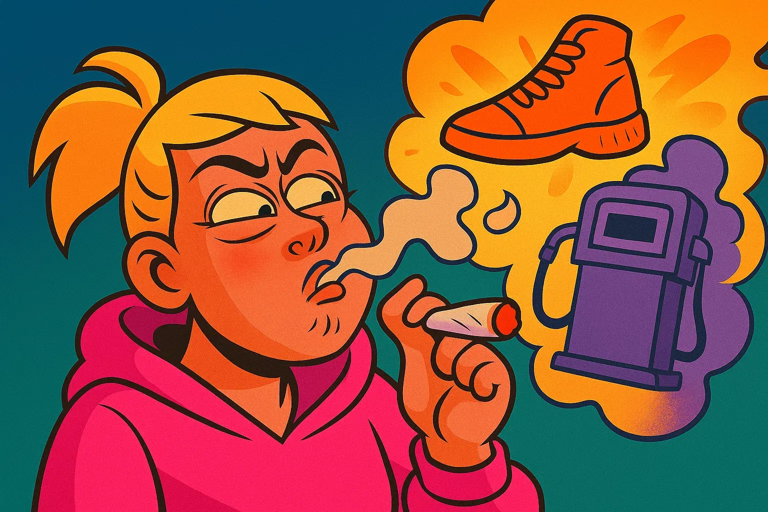 Comic: Held riecht am Joint, und der Rauch formt sich zu einem Turnschuh und einer Zapfsäule.