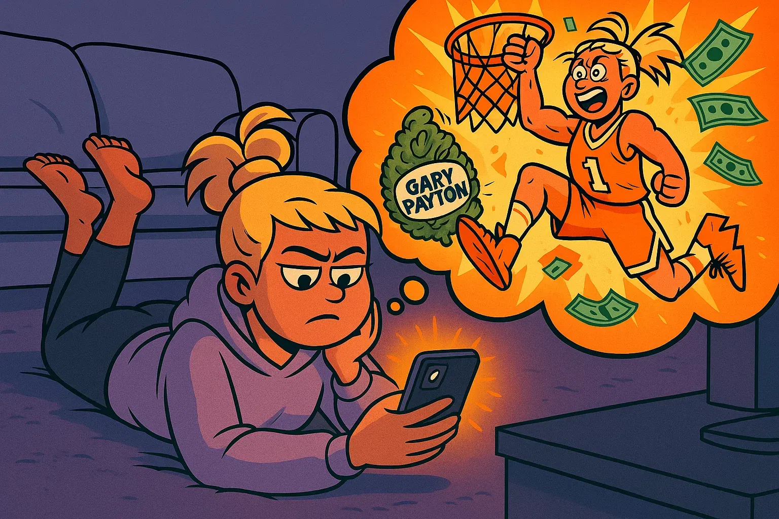 Comic: Held schaut auf sein Handy, wo ein Basketballer dunkt. In seiner Fantasie ist er selbst der Star.