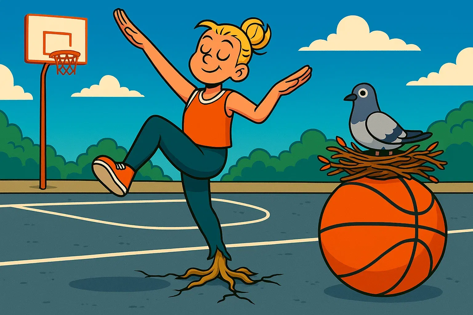 Comic: Held steht wie angewurzelt auf dem Basketballfeld, unfähig sich zu bewegen, während eine Taube auf dem Ball nistet.