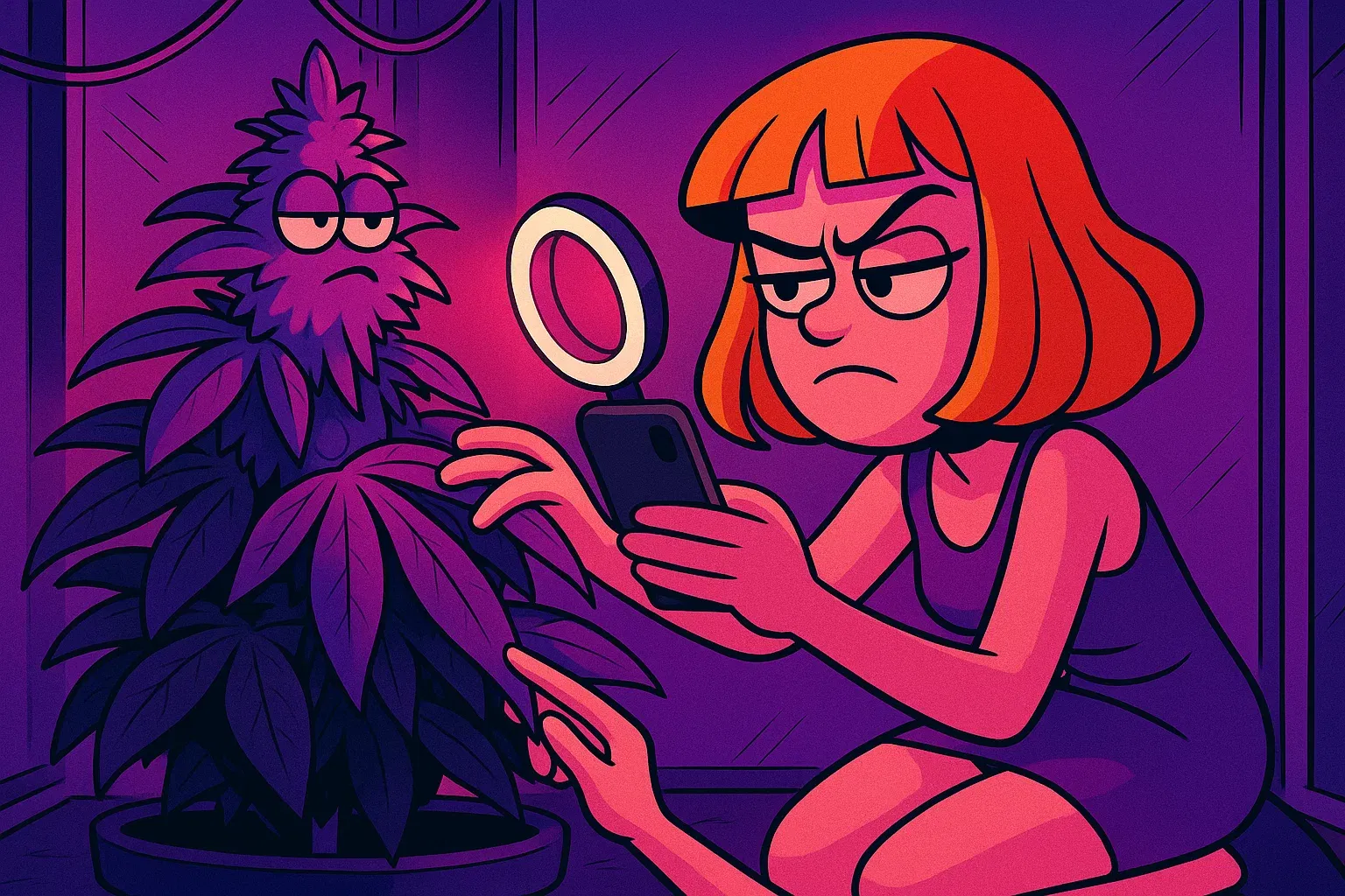 Comic: Gigi pflegt mit ästhetischer Präzision ihre prächtigen Gelato-Pflanzen in einem High-Tech Indoor Setup.