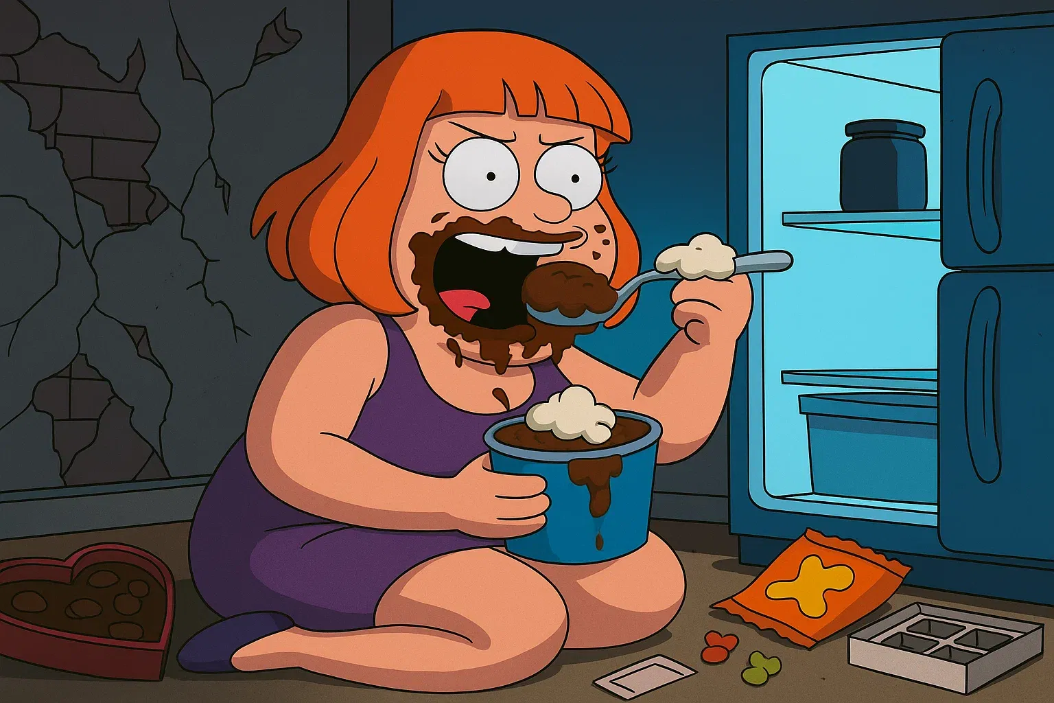 Comic: Gigi verliert alle Selbstbeherrschung vor einem riesigen Süßigkeiten-Buffet – der berüchtigte Gelato-Munchies-Effekt.