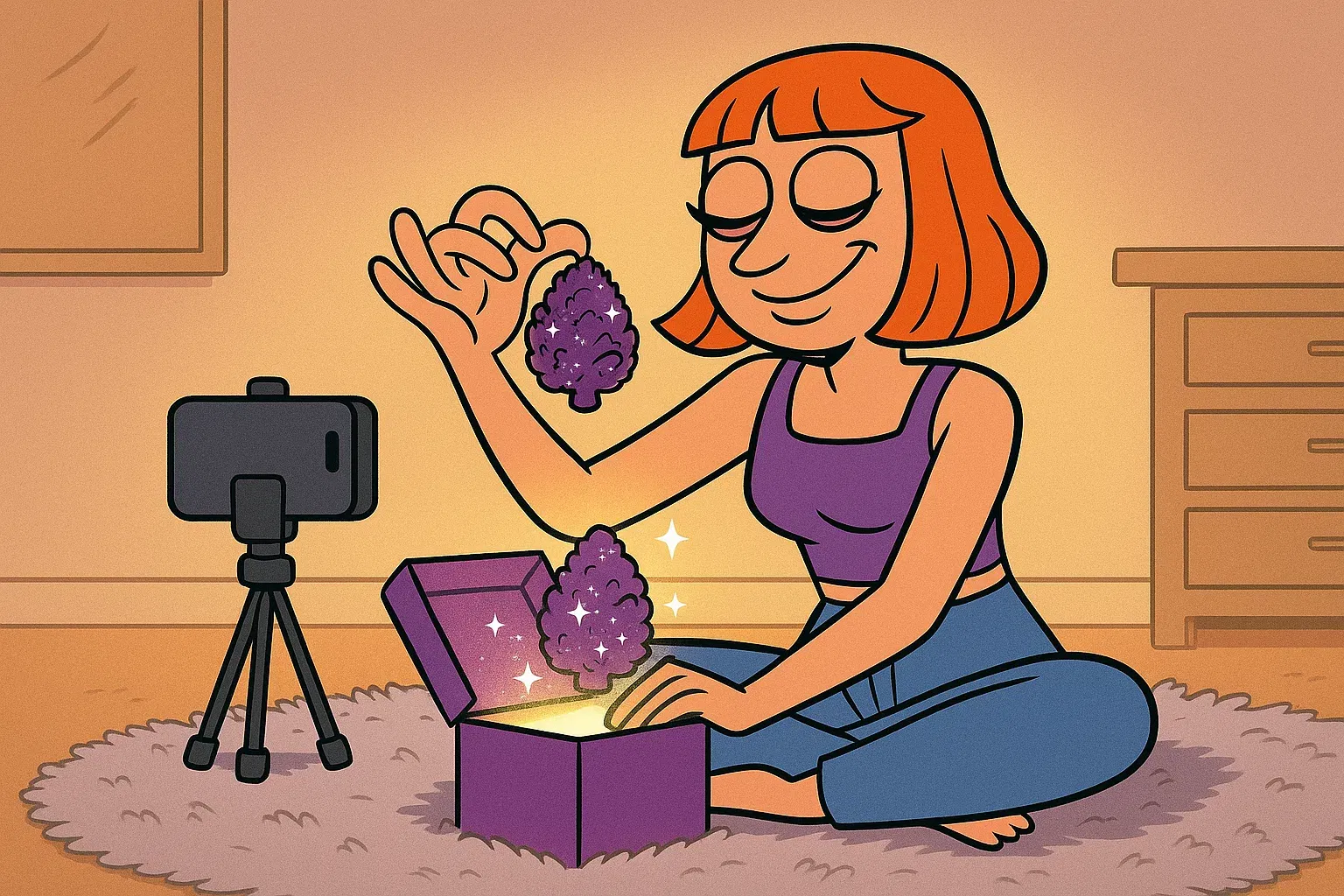 Comic: Gigi unboxed mit Instagram-würdiger Inszenierung einen premium Gelato Bud aus einer luxuriösen Verpackung.
