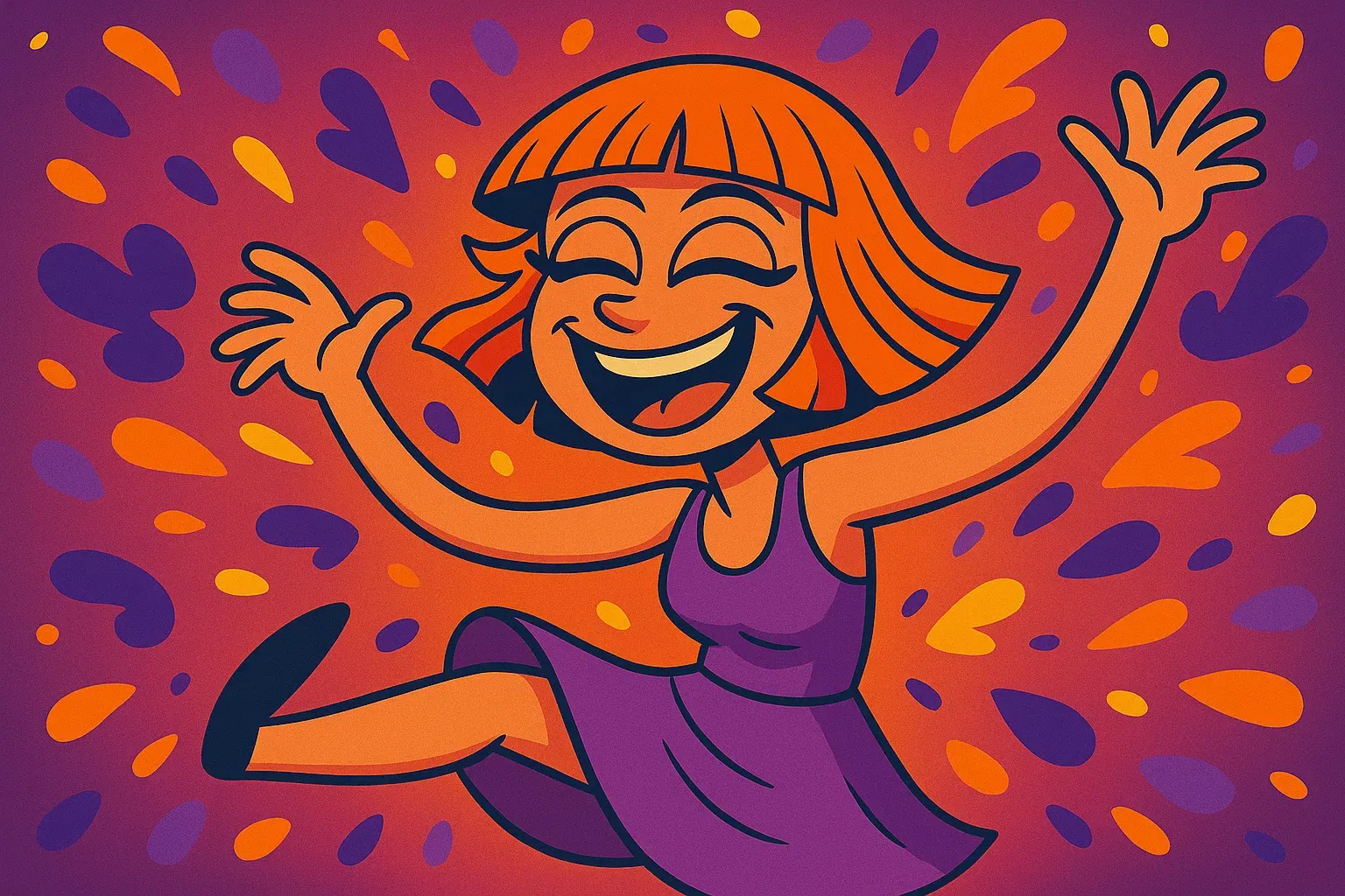 Comic: Gigi schwebt in euphorischer Ekstase, umgeben von farbenfrohen Wirbeln und kreativen Energien.