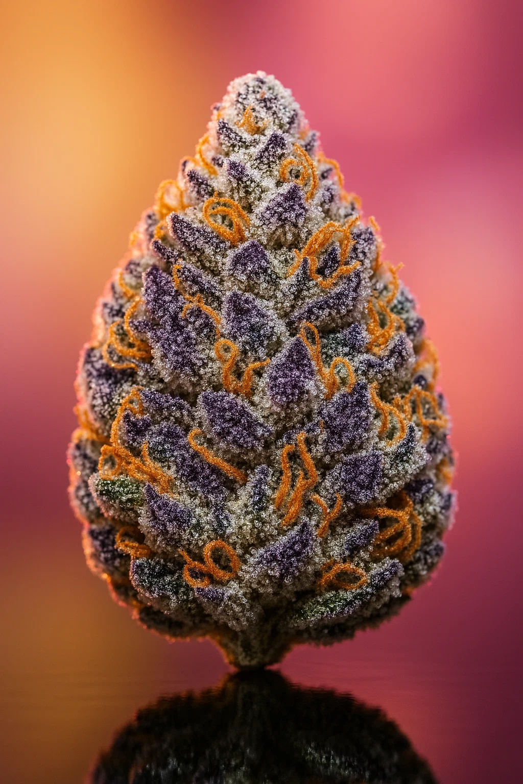 Dichte, violette Gelato Cannabisblüte, überzogen mit einer dicken Schicht weißer Trichome und feurigen orangen Haaren