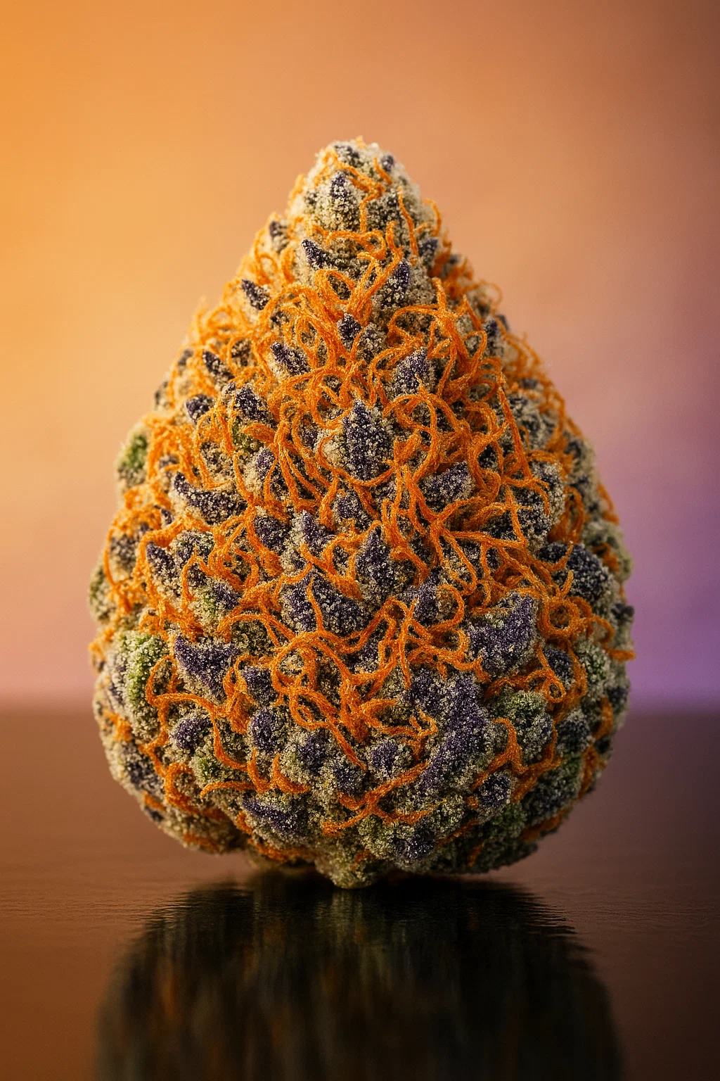 Dichte, frostige Georgia Pie Blüte mit tiefvioletten Blättern und leuchtend orangen Haaren