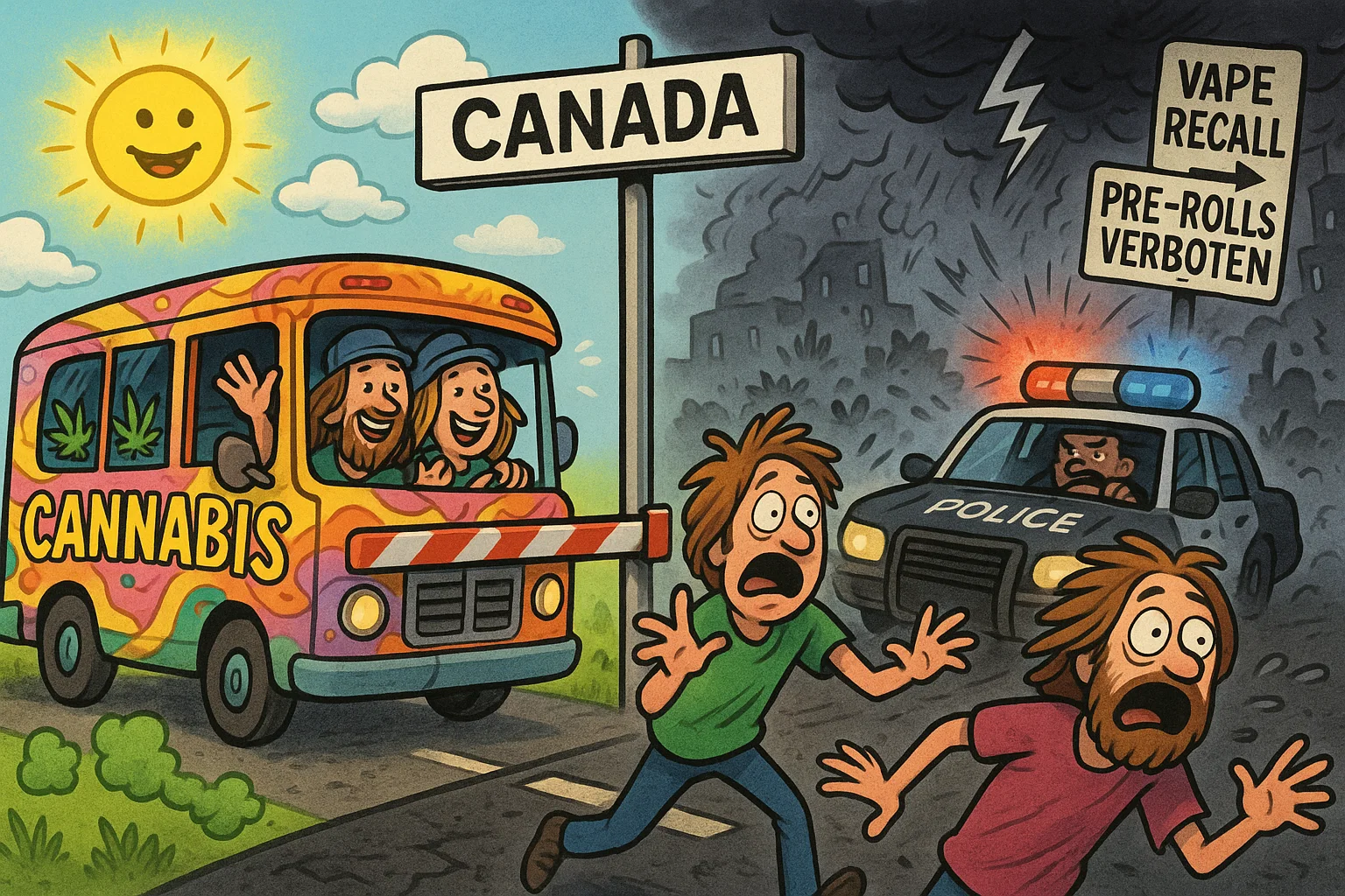 Split-Szene: Google-Suche mit Cannabis-Anzeige in Kanada vs. US-Regal mit Vape-Rückruf und Gerichtshammer