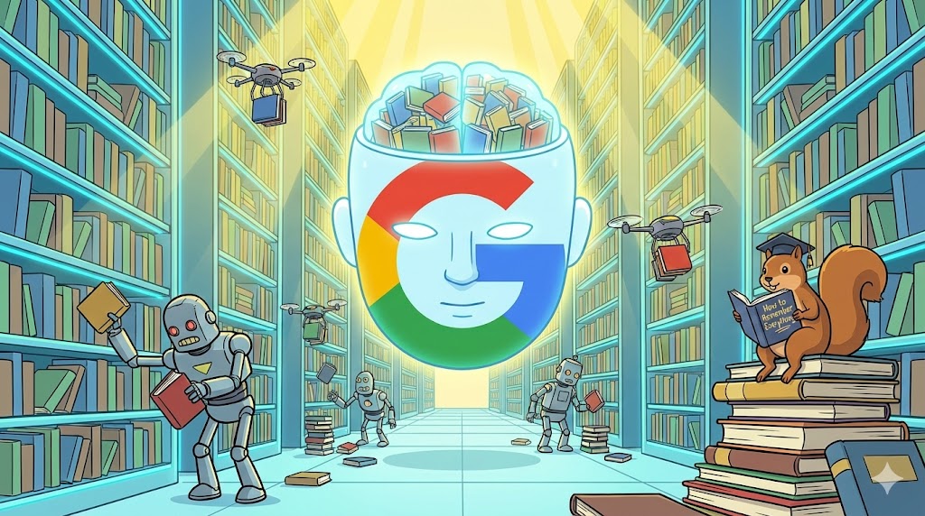 Satirische Karikatur: Ein gigantischer Titan-Kopf sortiert Bücher in einer unendlichen Bibliothek