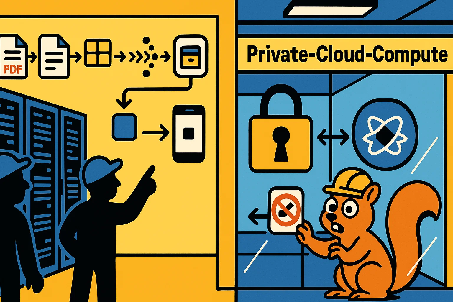 Comic-Datacenter: links RAG-Pipeline (Dateien → Index → Antwort), rechts ein abgeschirmter „Private-Cloud-Raum“ mit Padlock; Smartphone-Anfrage rein/raus, Daten bleiben im Raum.