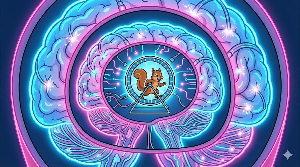 Satirische Karikatur: Ein Gehirn in einem Gehirn in einem Gehirn, leuchtend wie eine Matrjoschka-Puppe