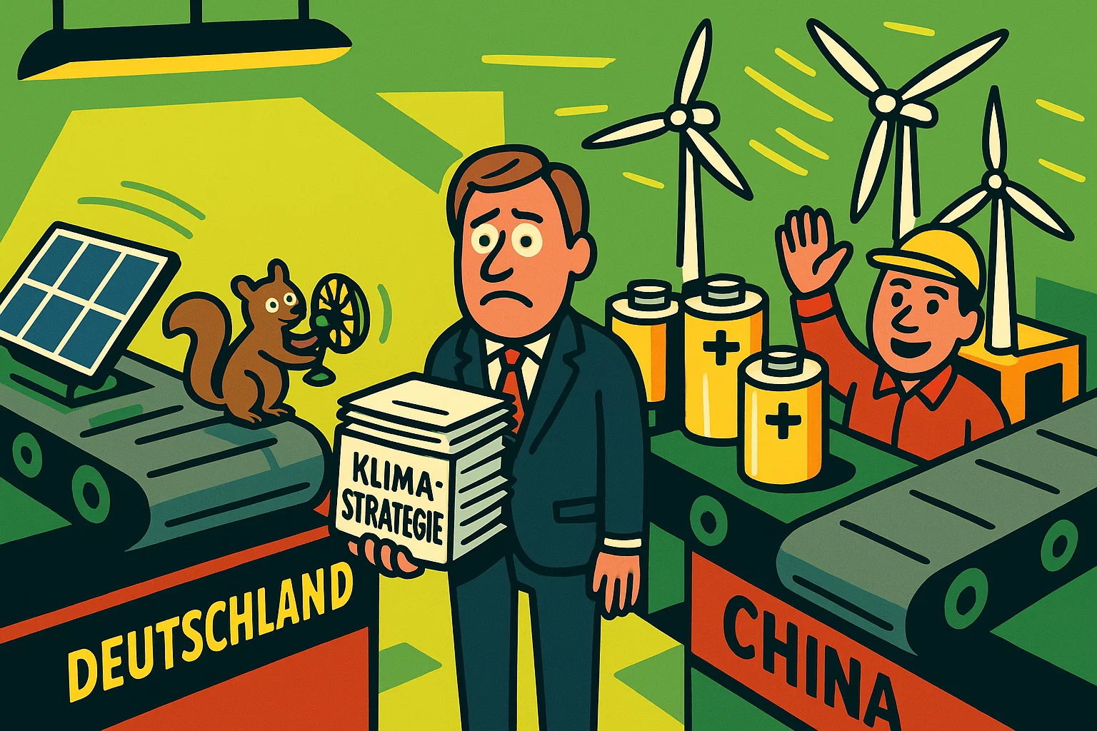 Illustration: Weltkugel mit Thermometer und Rückwärtsgang-Symbol, Deutschland als Auto im Rückspiegel