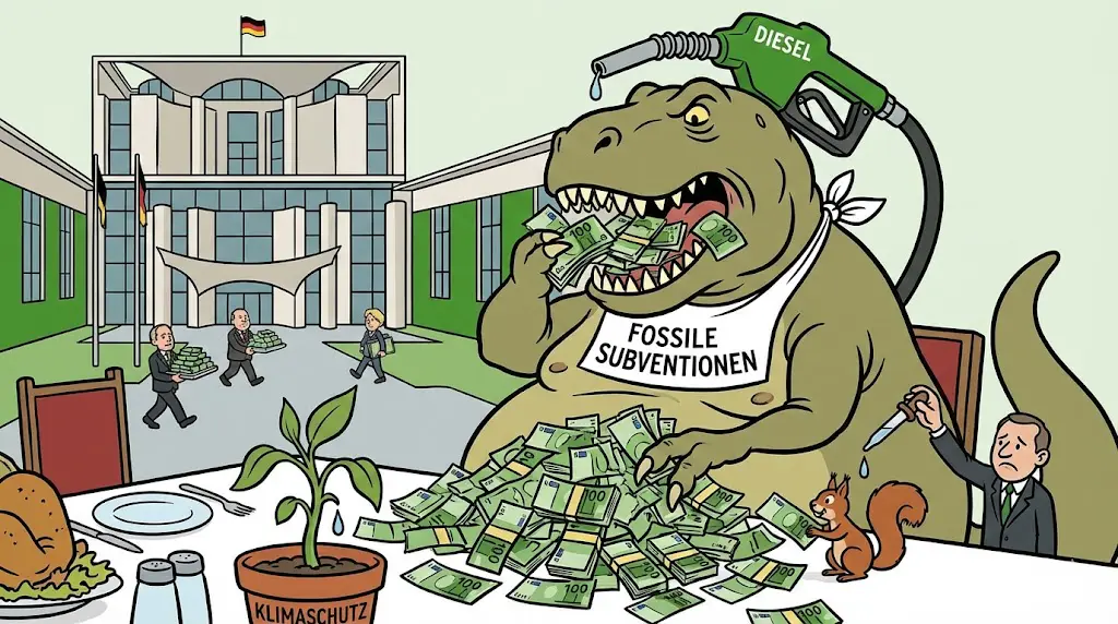 Satirische Karikatur: Ein riesiger Dinosaurier frisst Berge von Geld, während ein kleines Pflänzchen 'Klimaschutz' nur einen Tropfen Wasser bekommt.