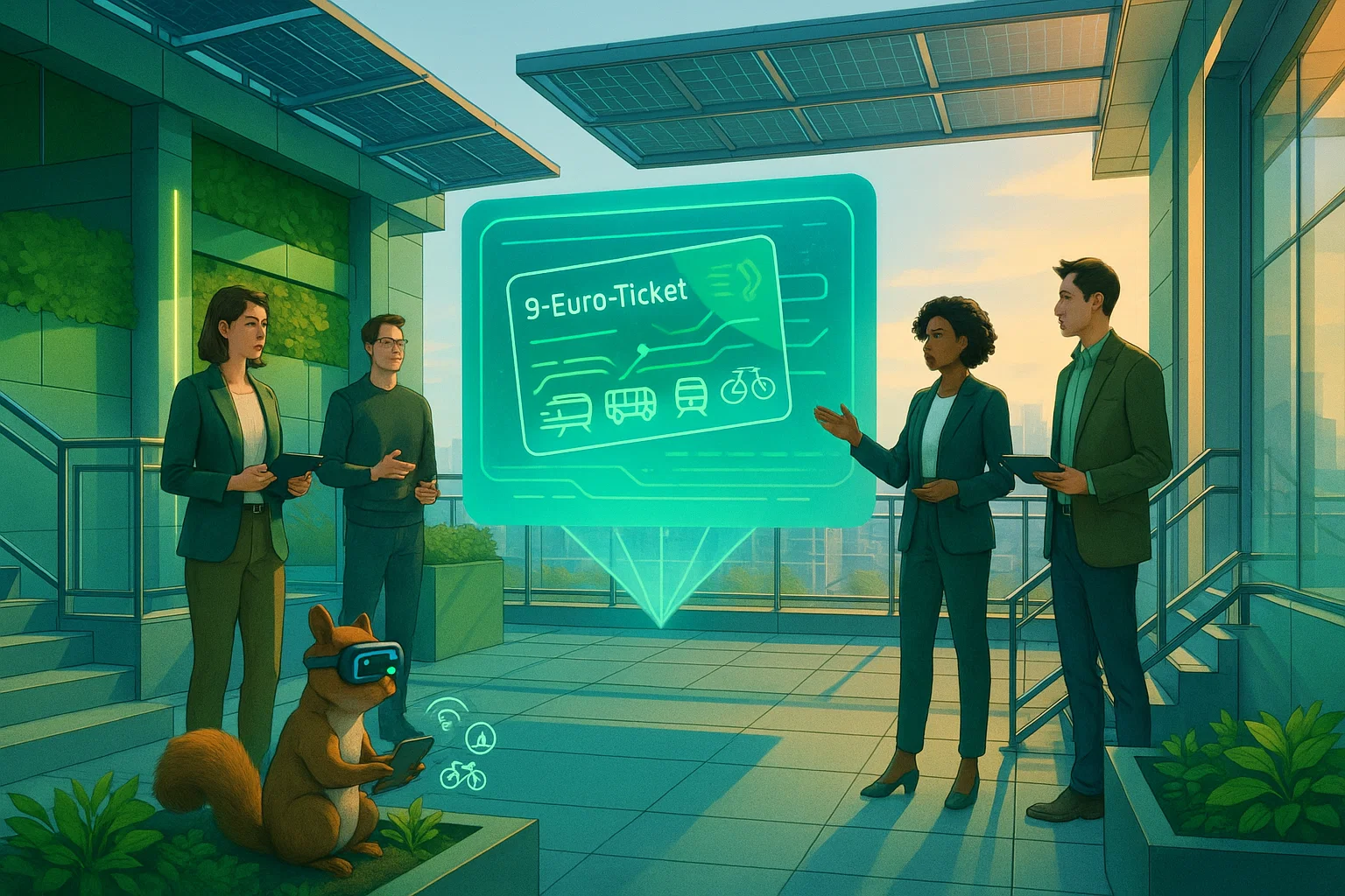 High-end Konzeptkunst: Modernes Stadtbild mit Solarpanels und Grünflächen, junge diverse Menschen mit Tablets diskutieren, futuristisches 9-Euro-Ticket-Hologramm, Eichhörnchen mit VR-Brille.