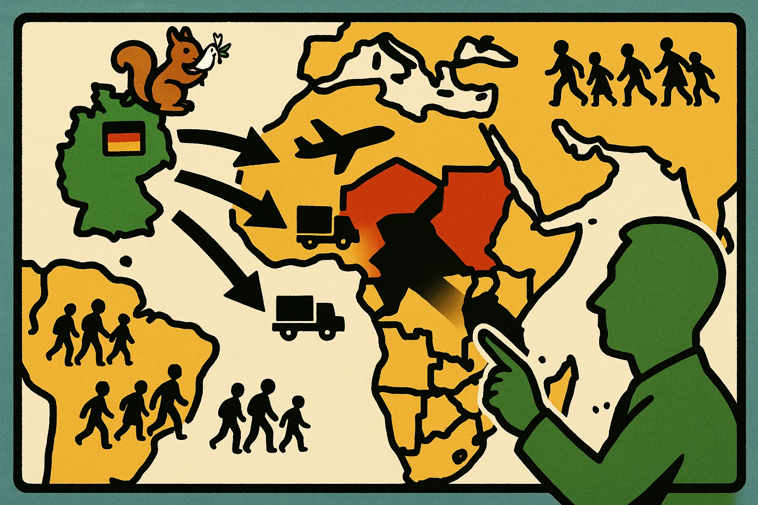 Satirische Illustration: Karten-Vignette zu Hilfslieferungen nach Sudan