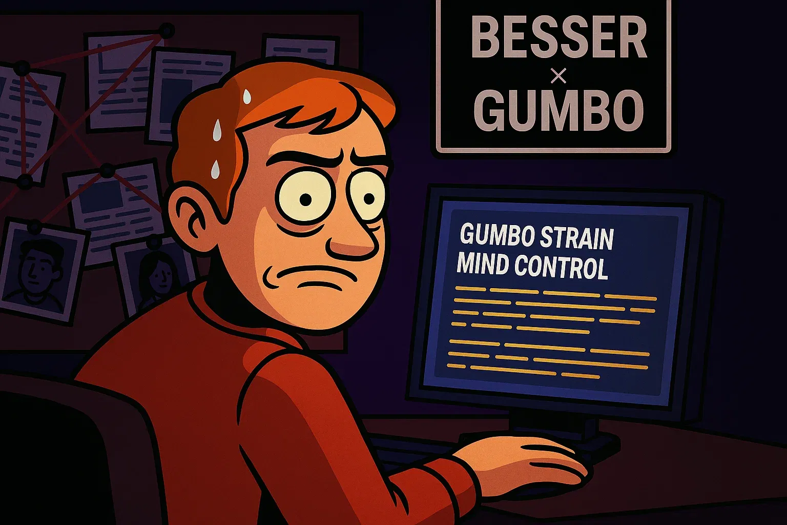 Comic: Dexter in seinem dunklen Keller, beleuchtet von einem Bildschirm, liest über die 'Gumbo Mind-Control Strain' in einem Forum.