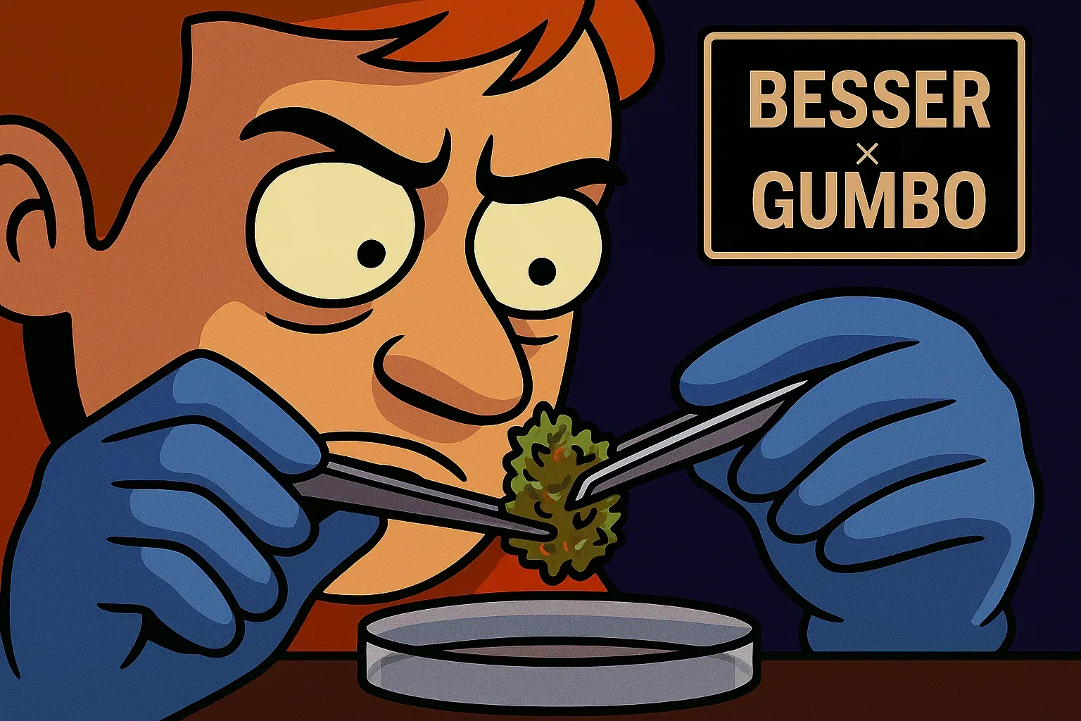 Comic: Dexter handhabt einen Gumbo-Bud mit Latexhandschuhen und Pinzette und schnüffelt misstrauisch daran.