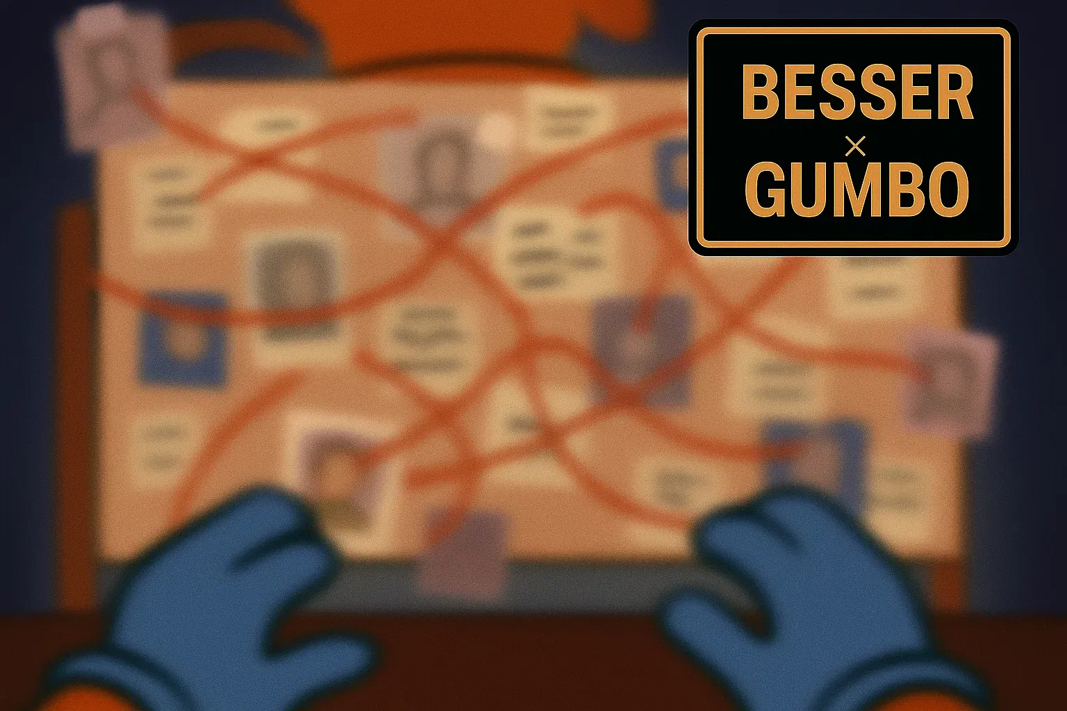 Comic: Die komplizierte rote Faden-Verschwörungstafel in Dexters Keller verwandelt sich in seinen Augen in ein verwirrendes, verschwommenes Durcheinander.