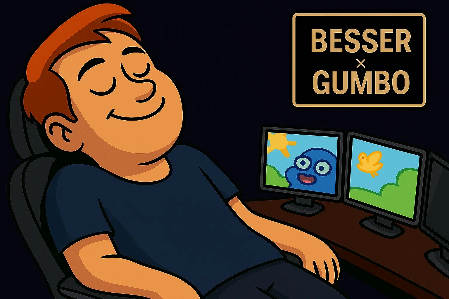 Comic: Dexter liegt friedlich in seinem Gaming-Stuhl, schaut auf seinem Monitor eine einfache Zeichentrickserie mit einem glücklichen, leeren Ausdruck.
