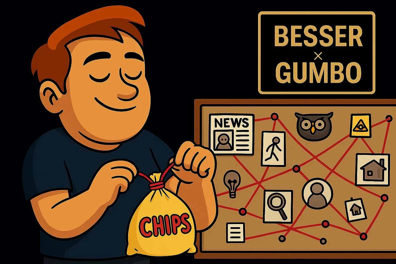Comic: Dexter nimmt ruhig ein Stück roten Faden von seiner Tafel und benutzt es, um eine Chipstüte zu verschließen.
