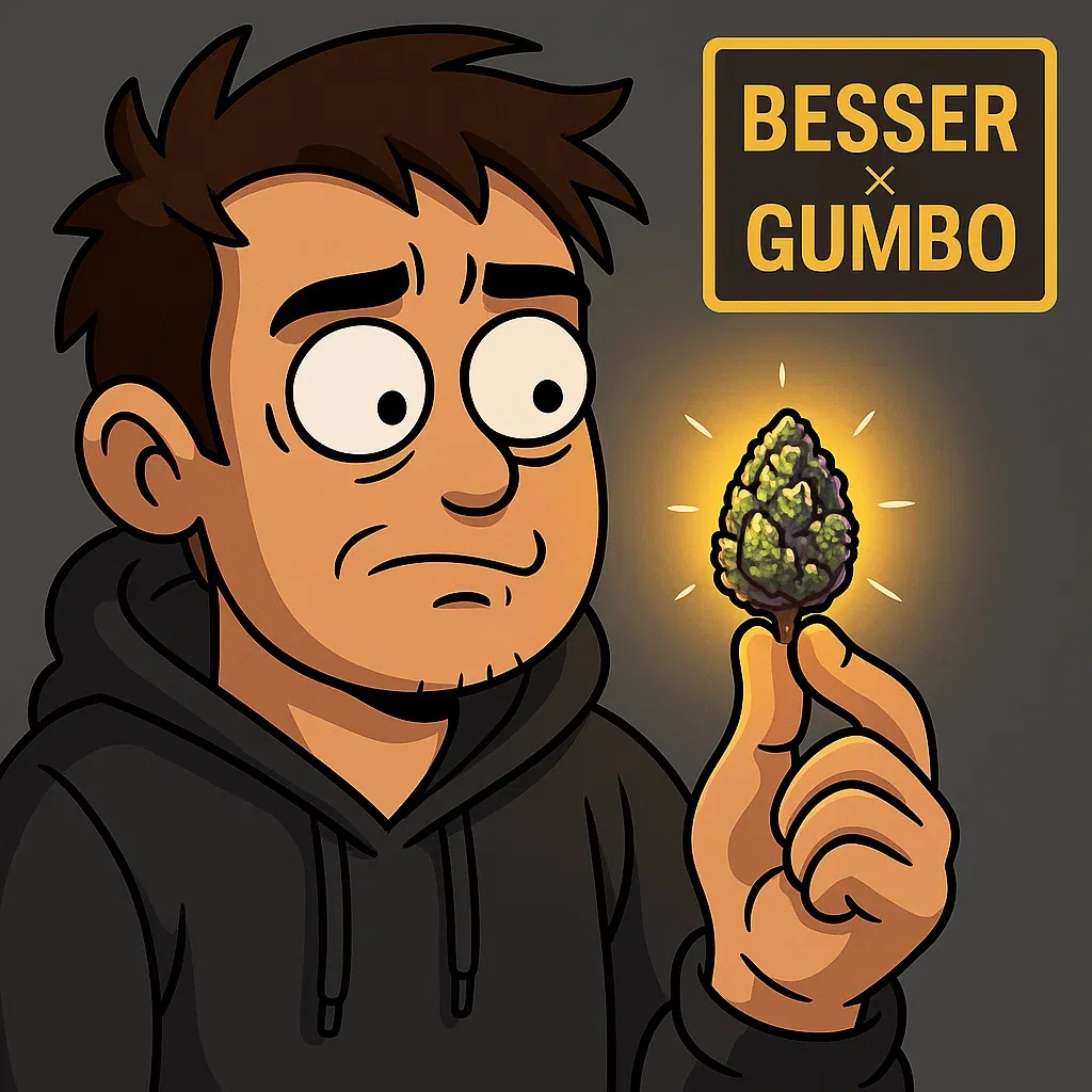 Dexter hält entspannt einen leuchtenden Gumbo-Bud vor einer Korkwand voller roter Fäden.