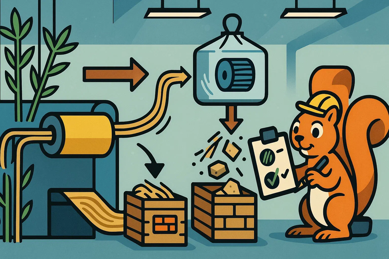 Karikatur: Dekortikations-Linie trennt Hanf in Fasern und Schäben – Materialfluss mit Piktogrammen